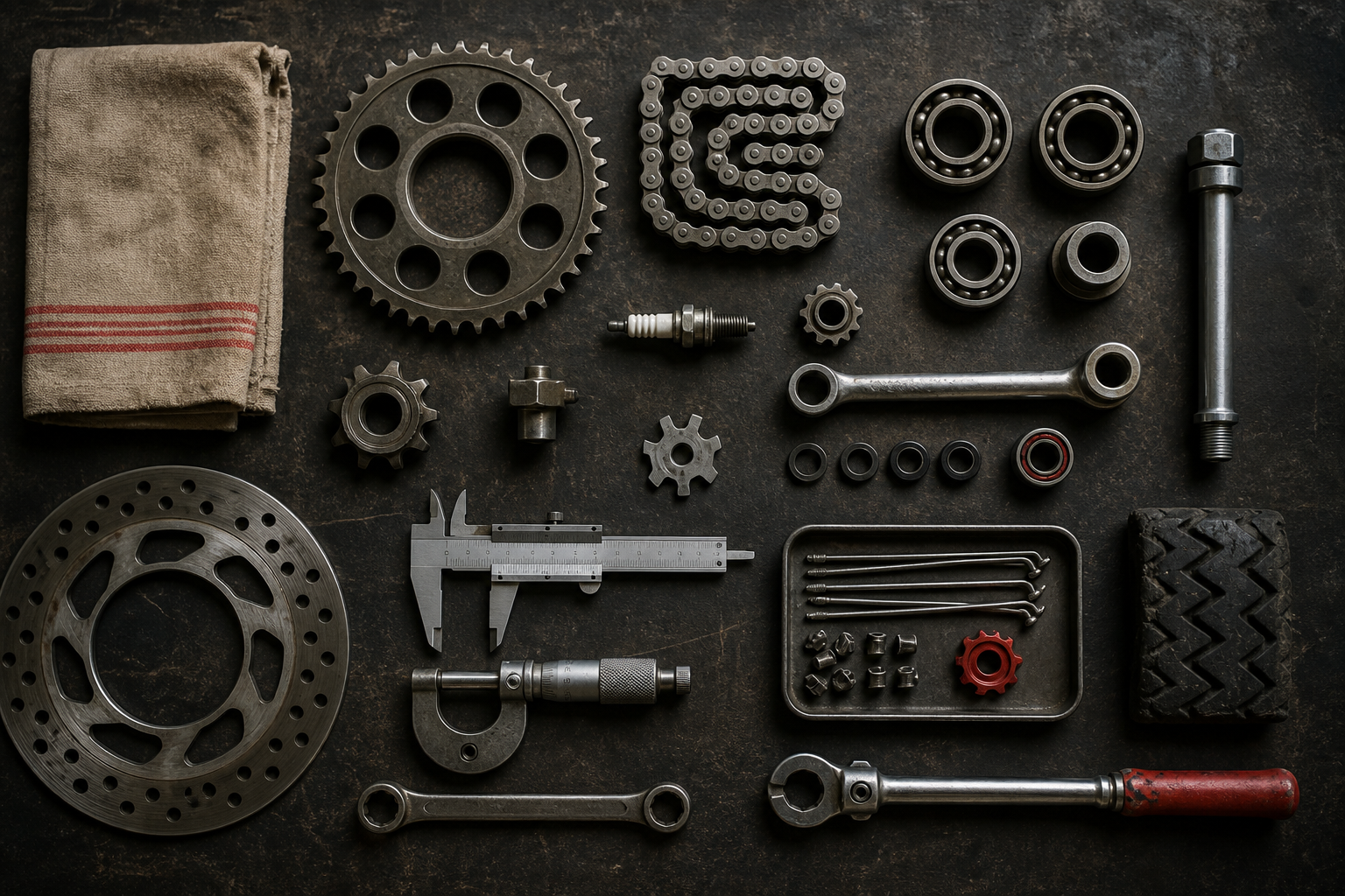 Precision motorcycle and bicycle components arranged on a workshop bench